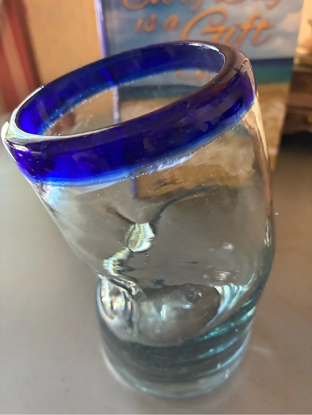 Set of 2 COBALT BLUE rim MEXICAN hand blown THICK glass tumblers. 5.5 inches.